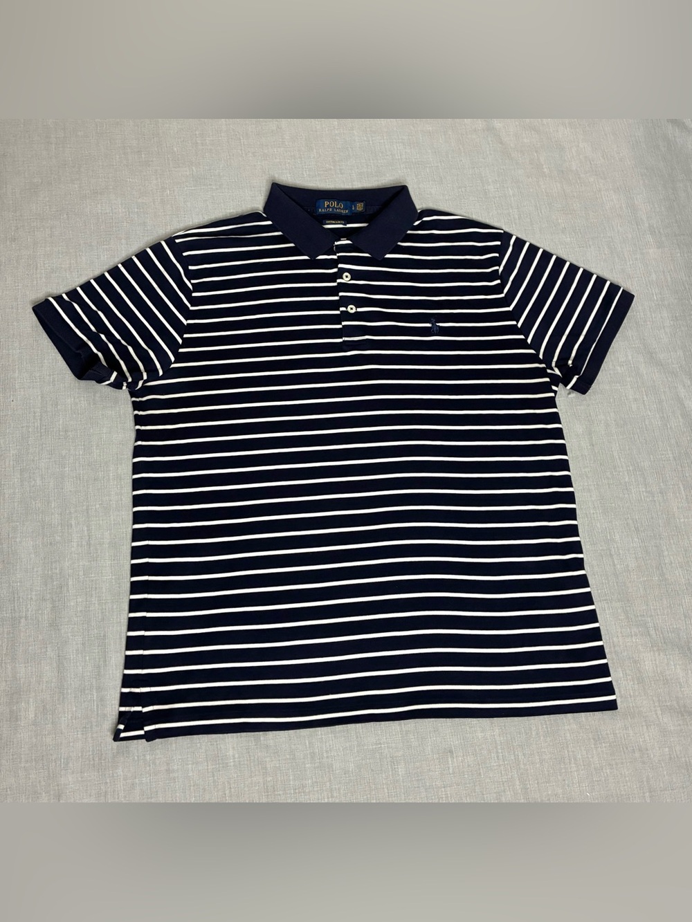 Ralph Lauren Navy and White Striped Polo Custom Slim Fit Size Large